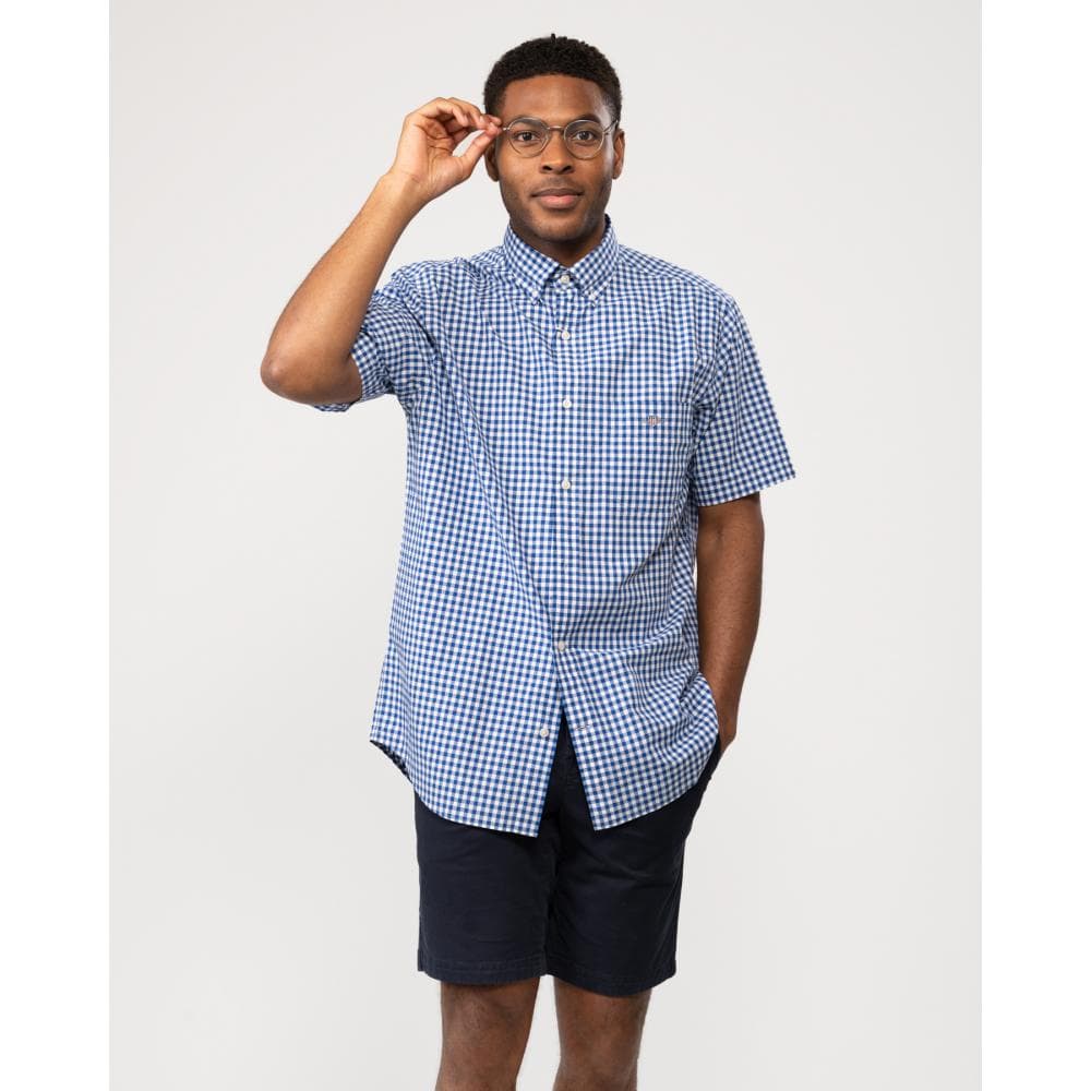 GANT Mens Regular Fit Short Sleeve Poplin Gingham Shirt - 436 College Blue