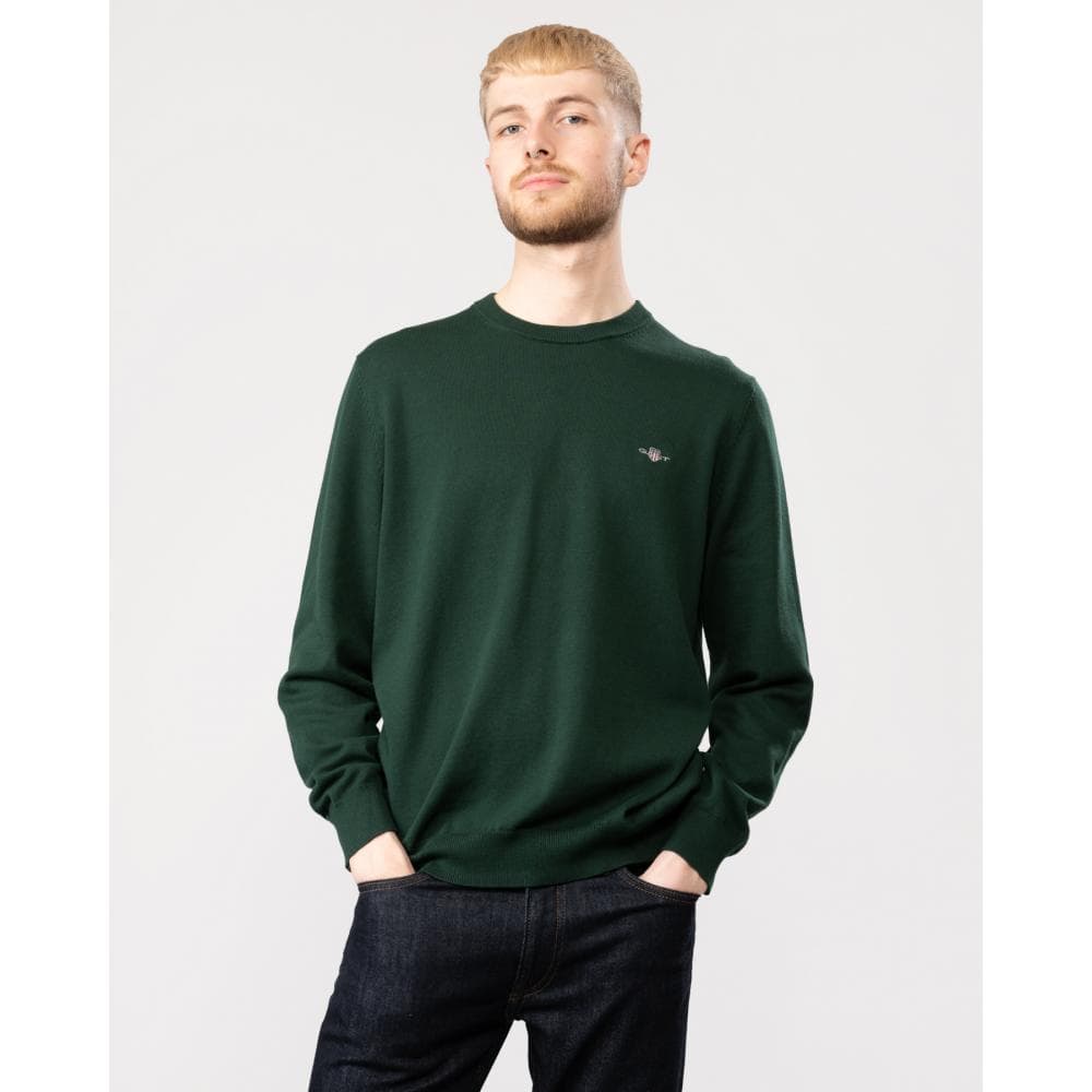 GANT Mens Classic Cotton Crew Neck Jumper - 374 Tartan Green