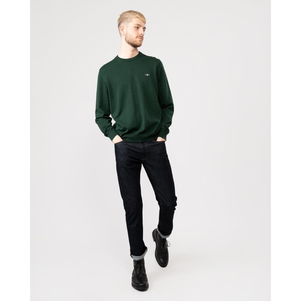 GANT Mens Classic Cotton Crew Neck Jumper - 374 Tartan Green