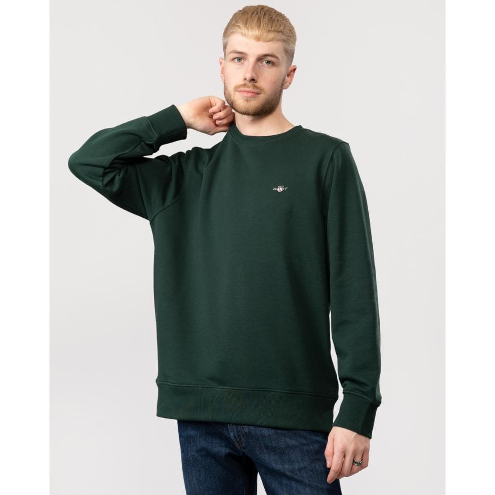 GANT Mens Regular Fit Shield Logo Crew Neck Sweatshirt - 374 Tartan Green