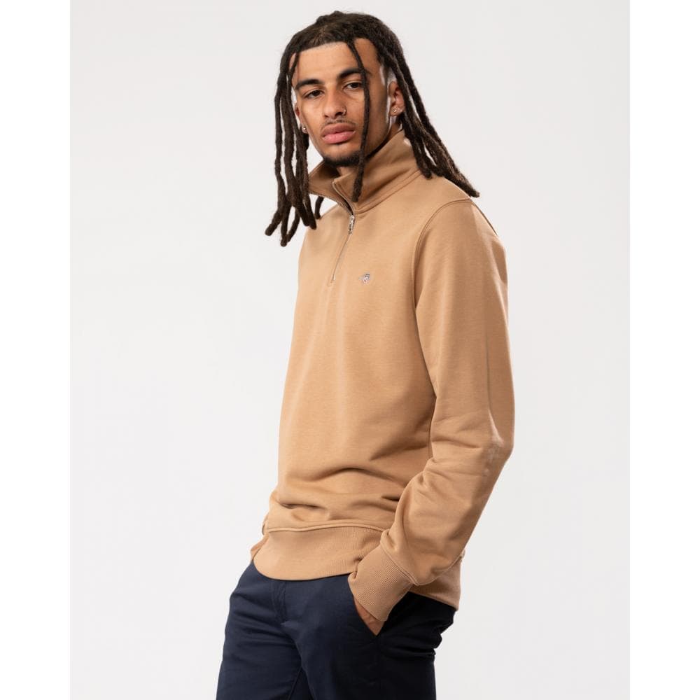 GANT Mens Regular Fit Shield Logo Half Zip Sweatshirt - 213 Warm Khaki