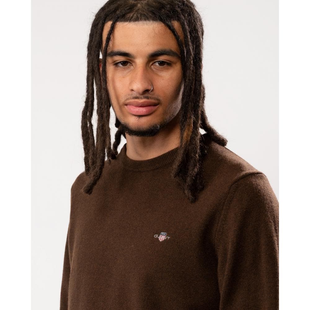 GANT Mens Superfine Lambswool Crew Neck Jumper - 280 Dark Brown Melange