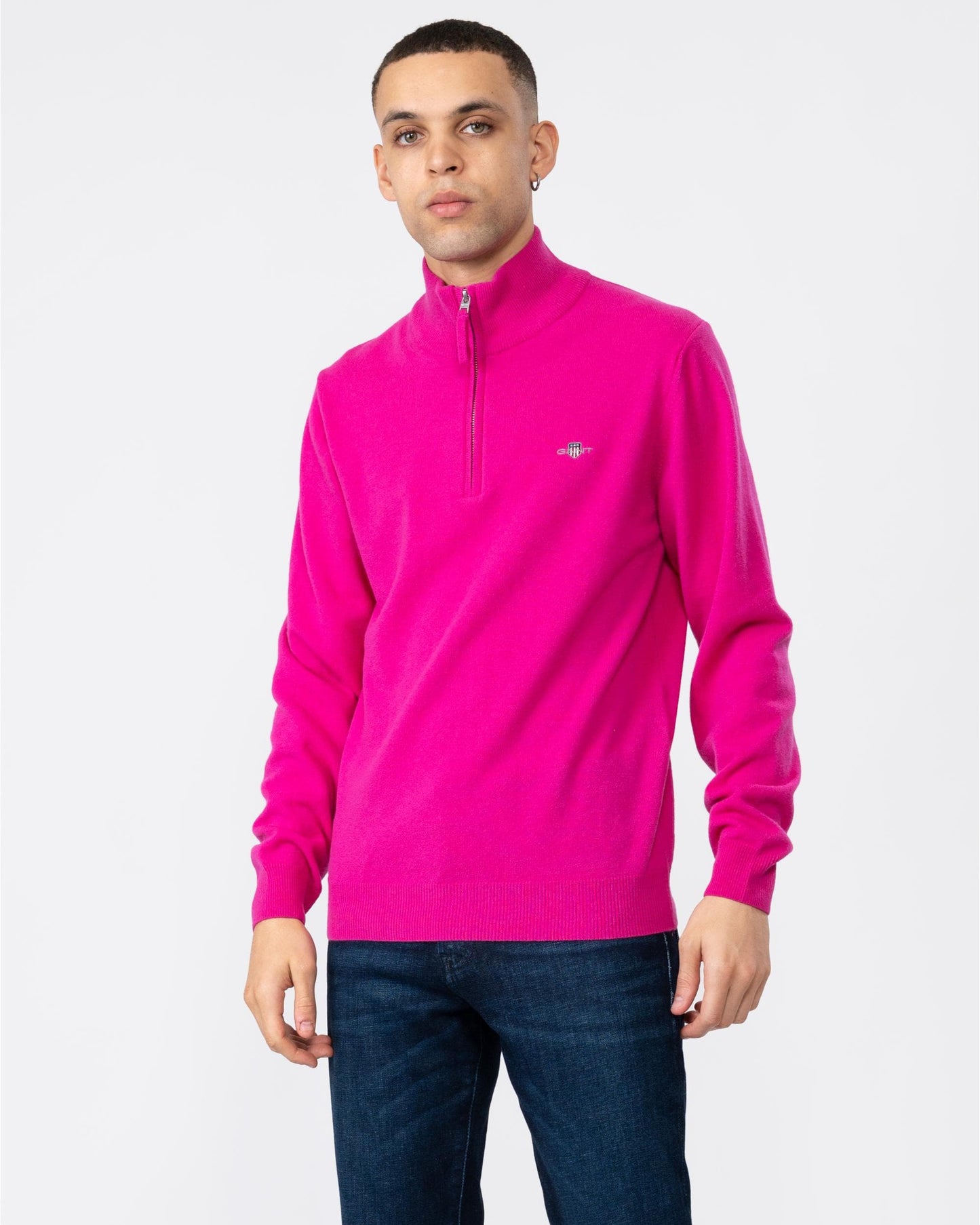 GANT Mens Superfine Lambswool Half Zip Cardigan - 625 Pink Fuchsia