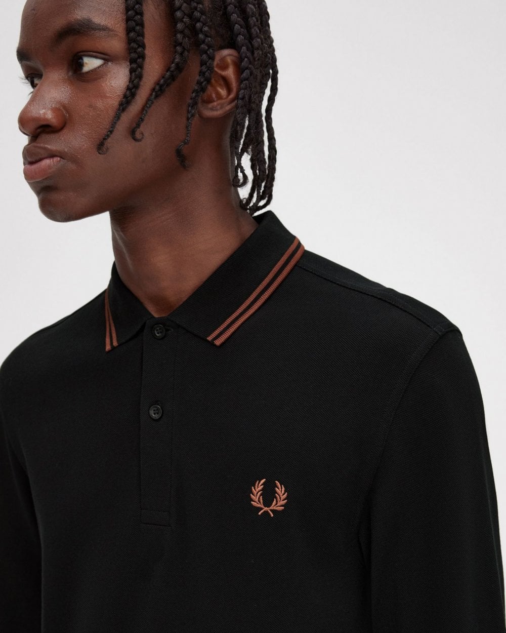 Fred Perry Mens Long Sleeve Twin Tipped Polo Shirt - Black/Whiskey Brown U35