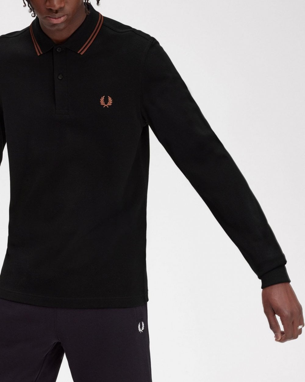 Fred Perry Mens Long Sleeve Twin Tipped Polo Shirt - Black/Whiskey Brown U35