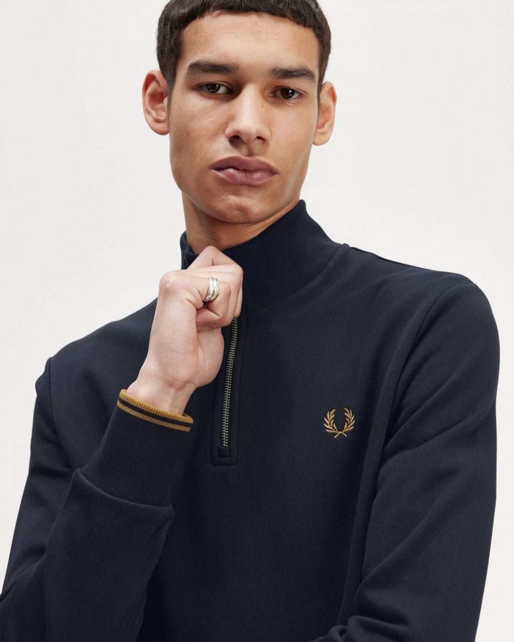 Fred Perry Mens Half Zip Sweatshirt - Navy/Dark Caramel R63
