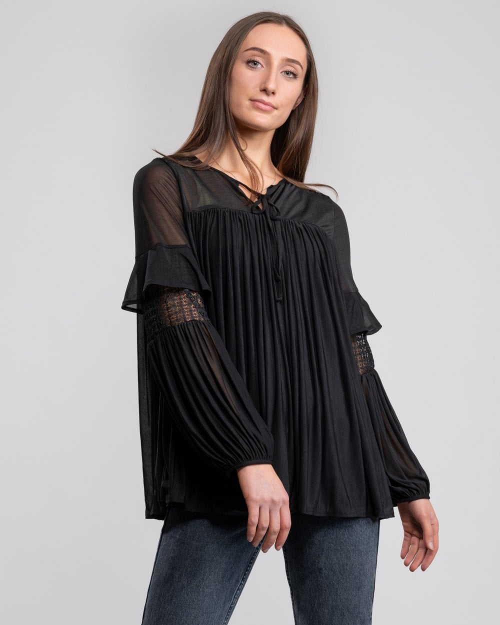 French Connection Zana Sheer Jersey Puff Sleeve Womens Blouse