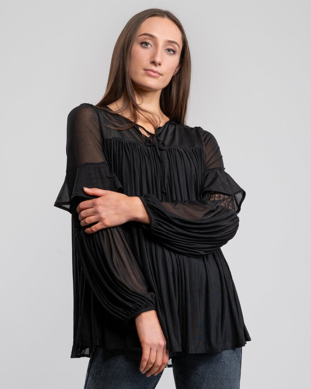 French Connection Zana Sheer Jersey Puff Sleeve Womens Blouse