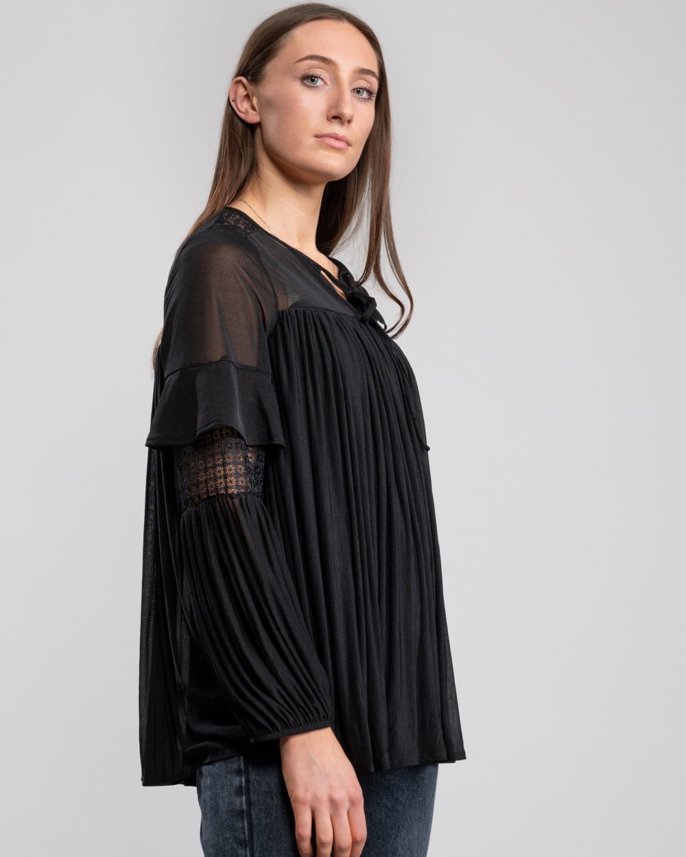 French Connection Zana Sheer Jersey Puff Sleeve Womens Blouse