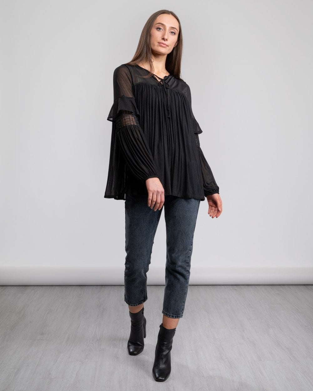 French Connection Zana Sheer Jersey Puff Sleeve Womens Blouse