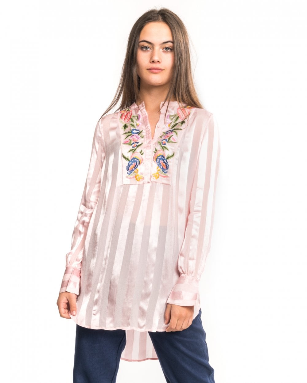 French Connection Katalina Striped Floral Embroidered Blouse
