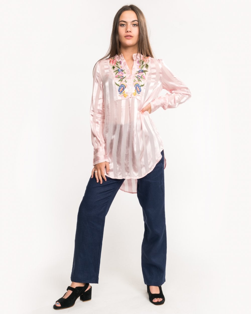 French Connection Katalina Striped Floral Embroidered Blouse
