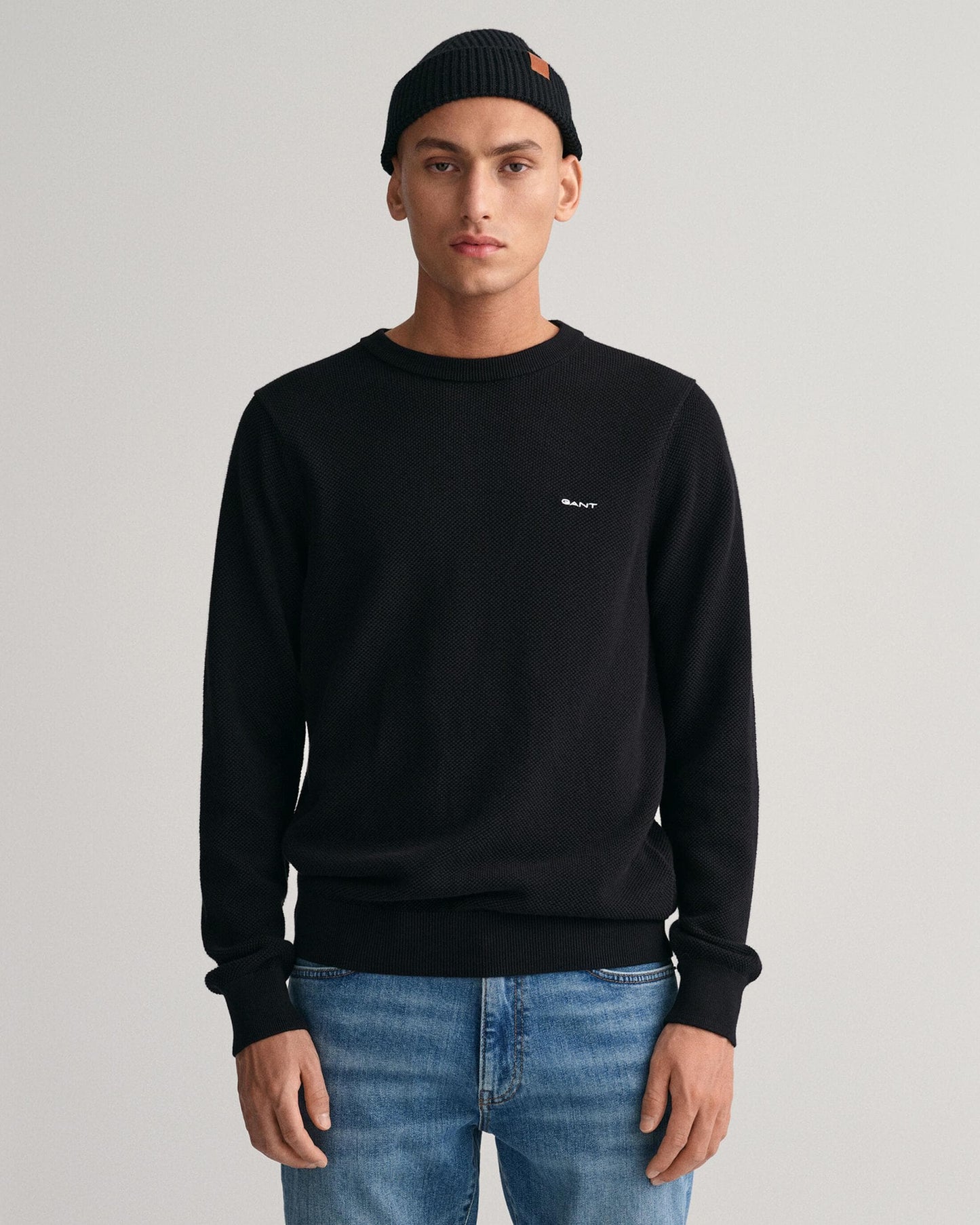 GANT Mens Cotton Pique Crew Neck Jumper - 5 Black