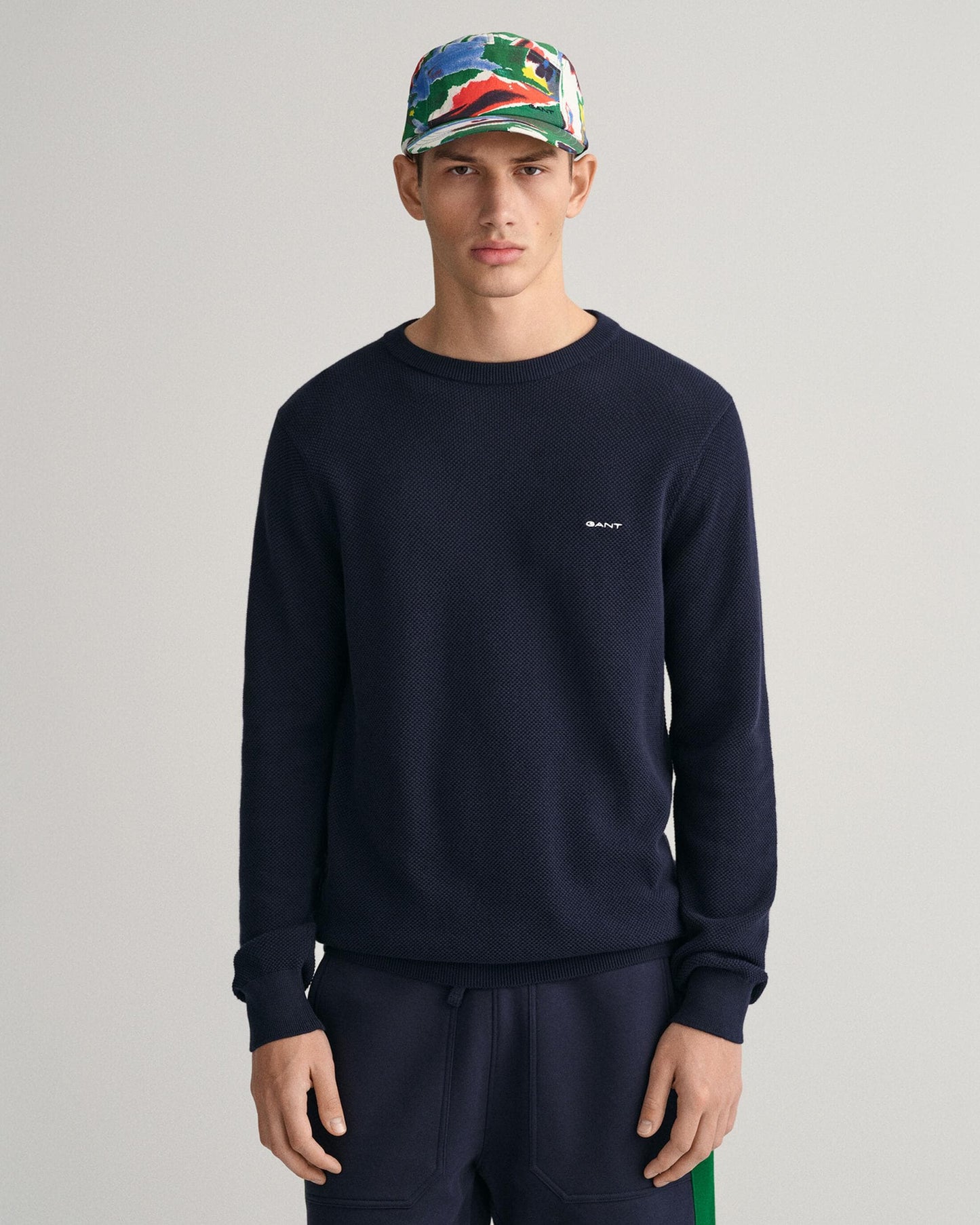 GANT Mens Cotton Pique Crew Neck Jumper - 433 Evening Blue