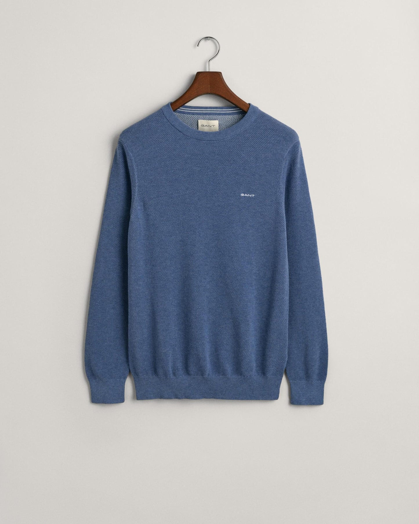 GANT Mens Cotton Pique Crew Neck Jumper - 906 Denim Blue Mel