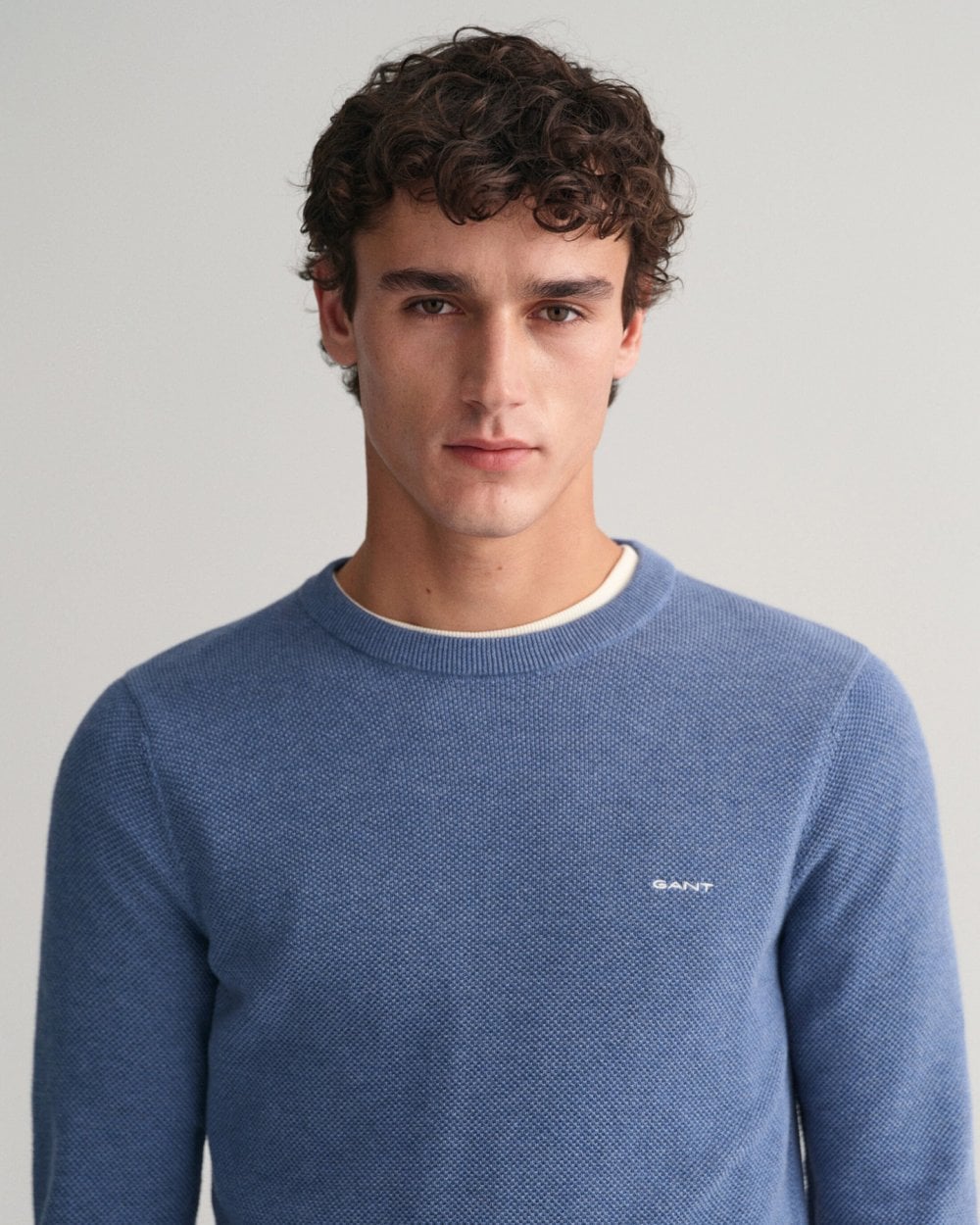 GANT Mens Cotton Pique Crew Neck Jumper - 906 Denim Blue Mel