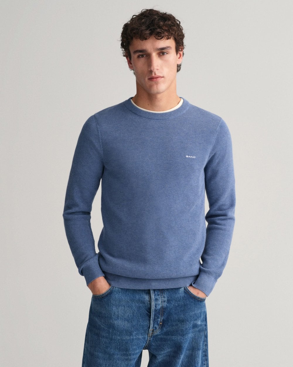 GANT Mens Cotton Pique Crew Neck Jumper - 906 Denim Blue Mel