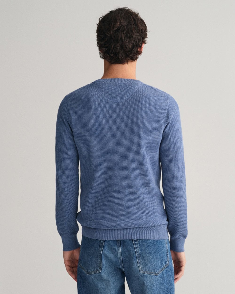 GANT Mens Cotton Pique Crew Neck Jumper - 906 Denim Blue Mel