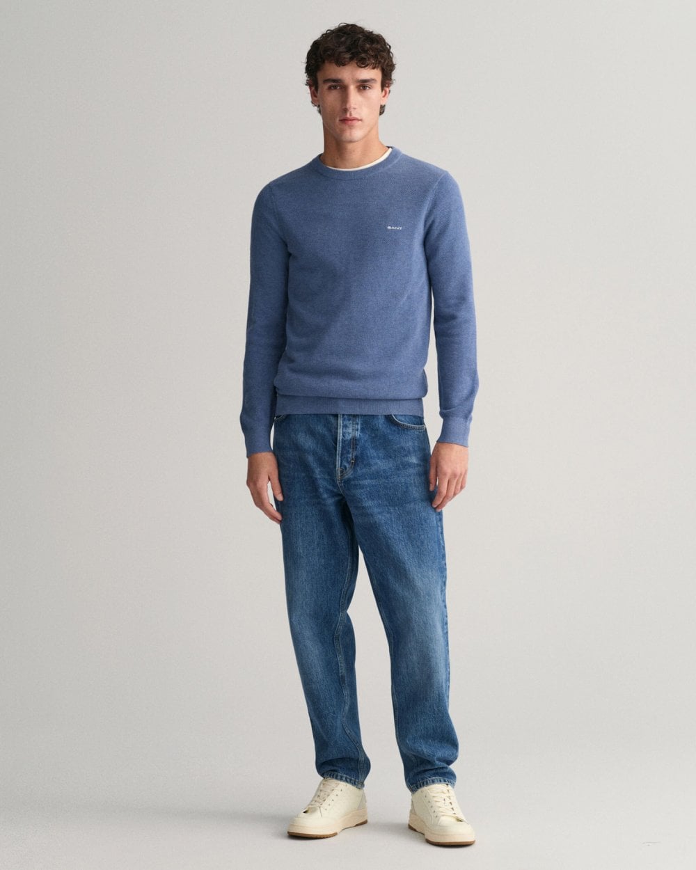 GANT Mens Cotton Pique Crew Neck Jumper - 906 Denim Blue Mel