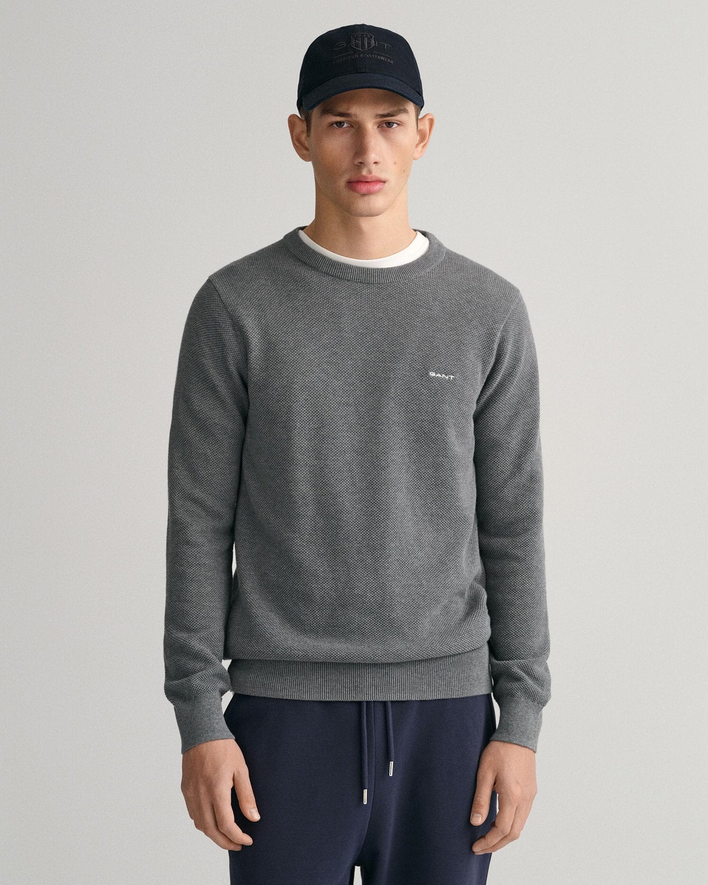 GANT Mens Cotton Pique Crew Neck Jumper - 92 Dark Grey Melange