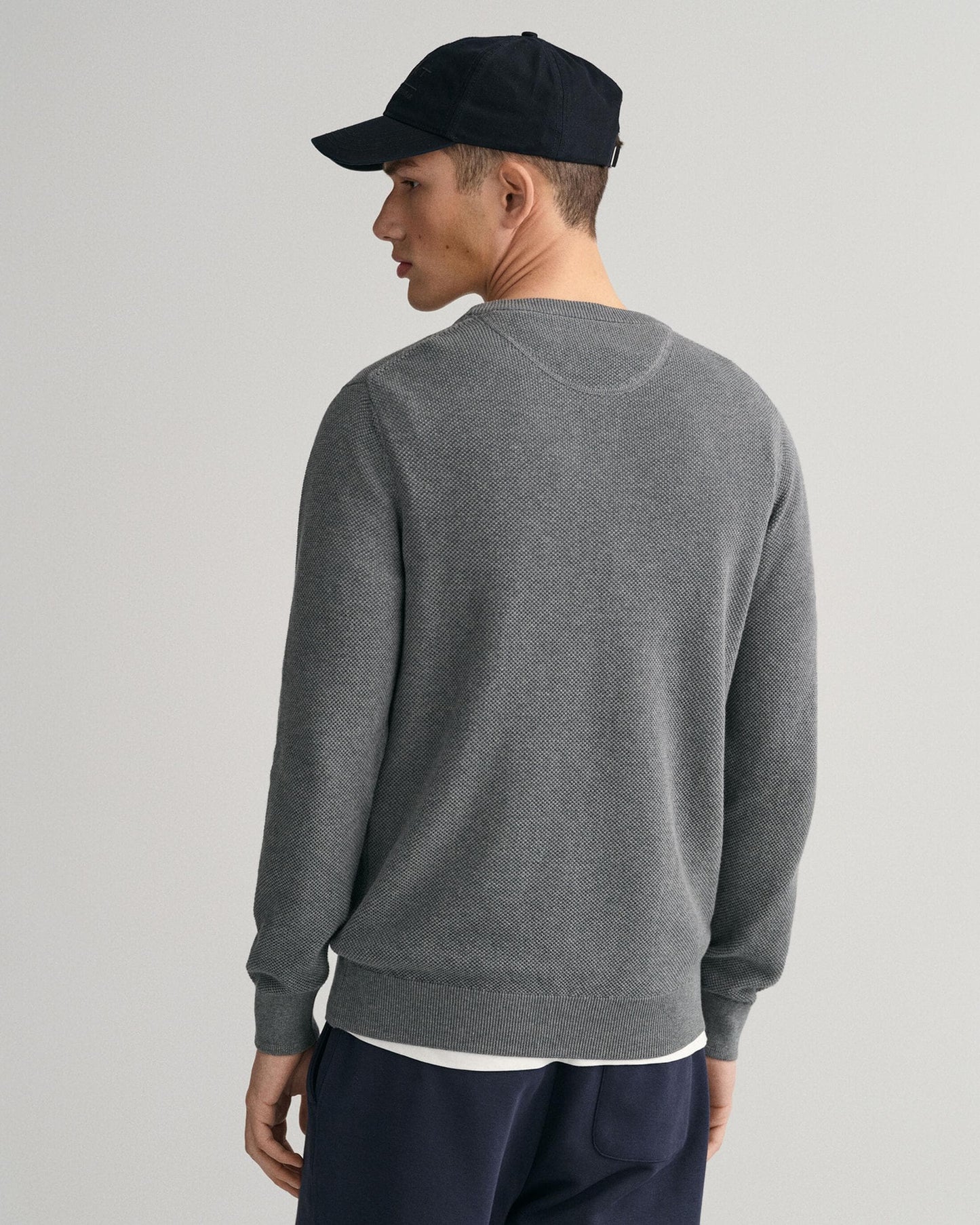 GANT Mens Cotton Pique Crew Neck Jumper - 92 Dark Grey Melange