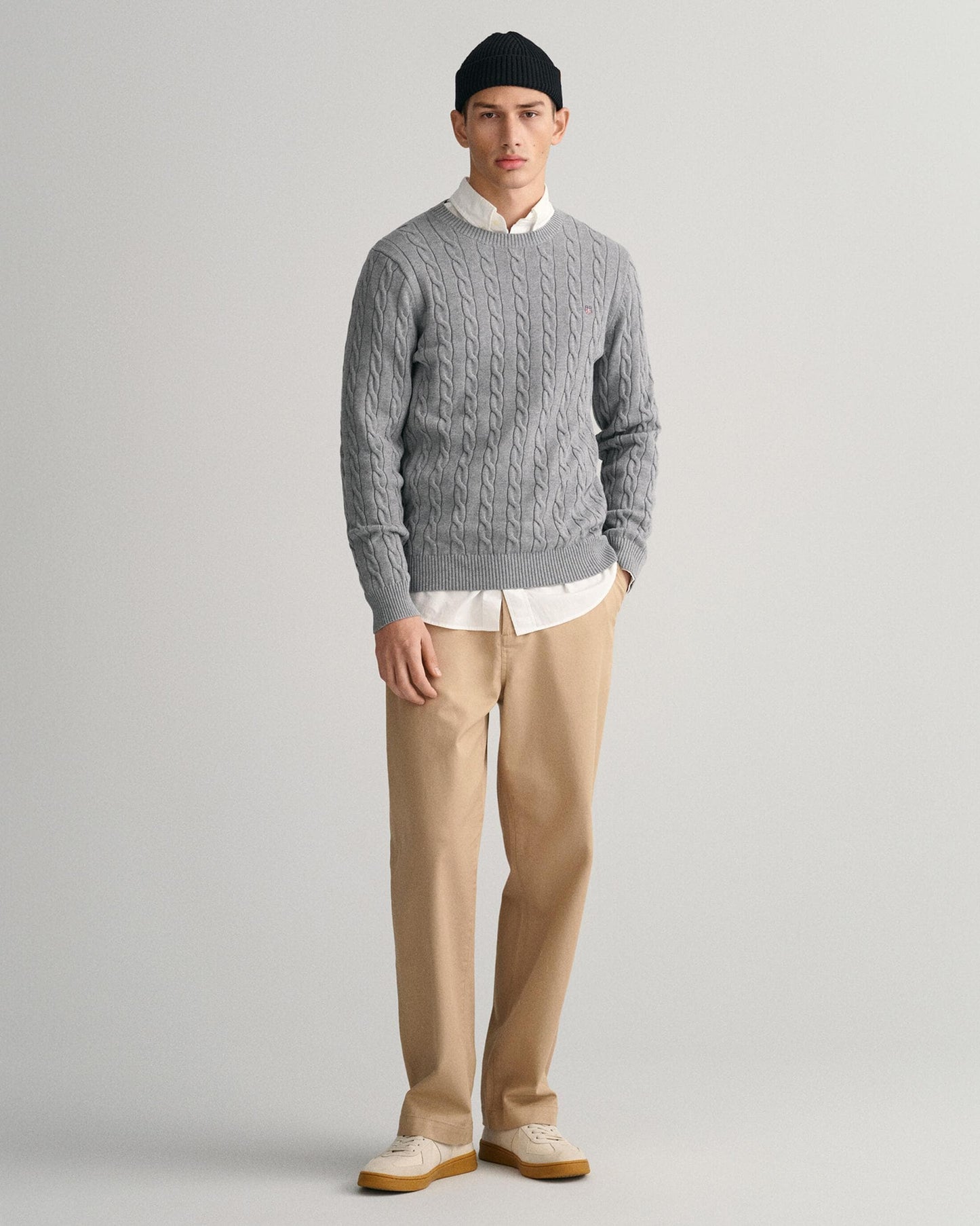 GANT Mens Cotton Cable Knit Crew Neck Jumper - 93 Grey Melange