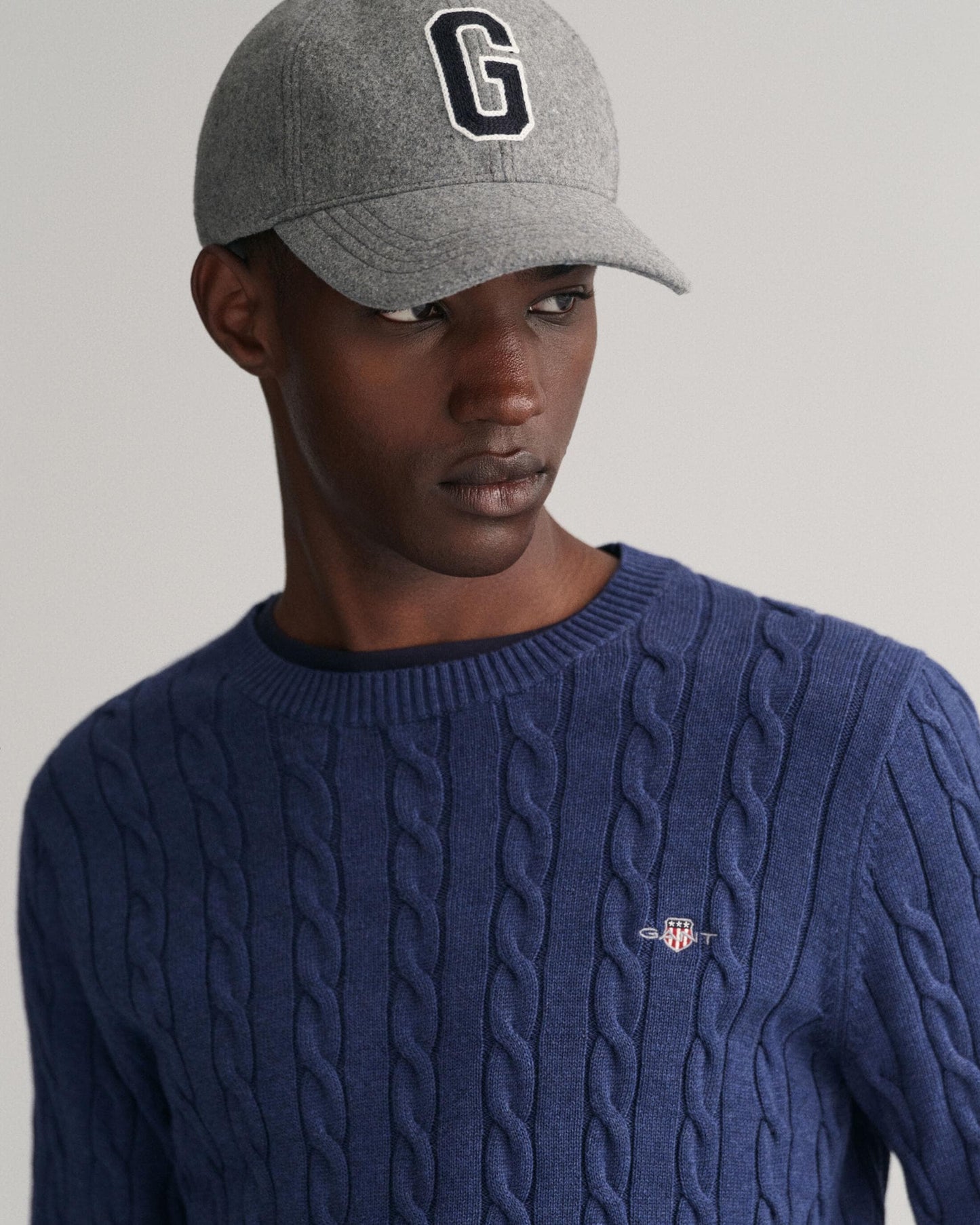 GANT Mens Cotton Cable Knit Crew Neck Jumper - 487 Marine Melange