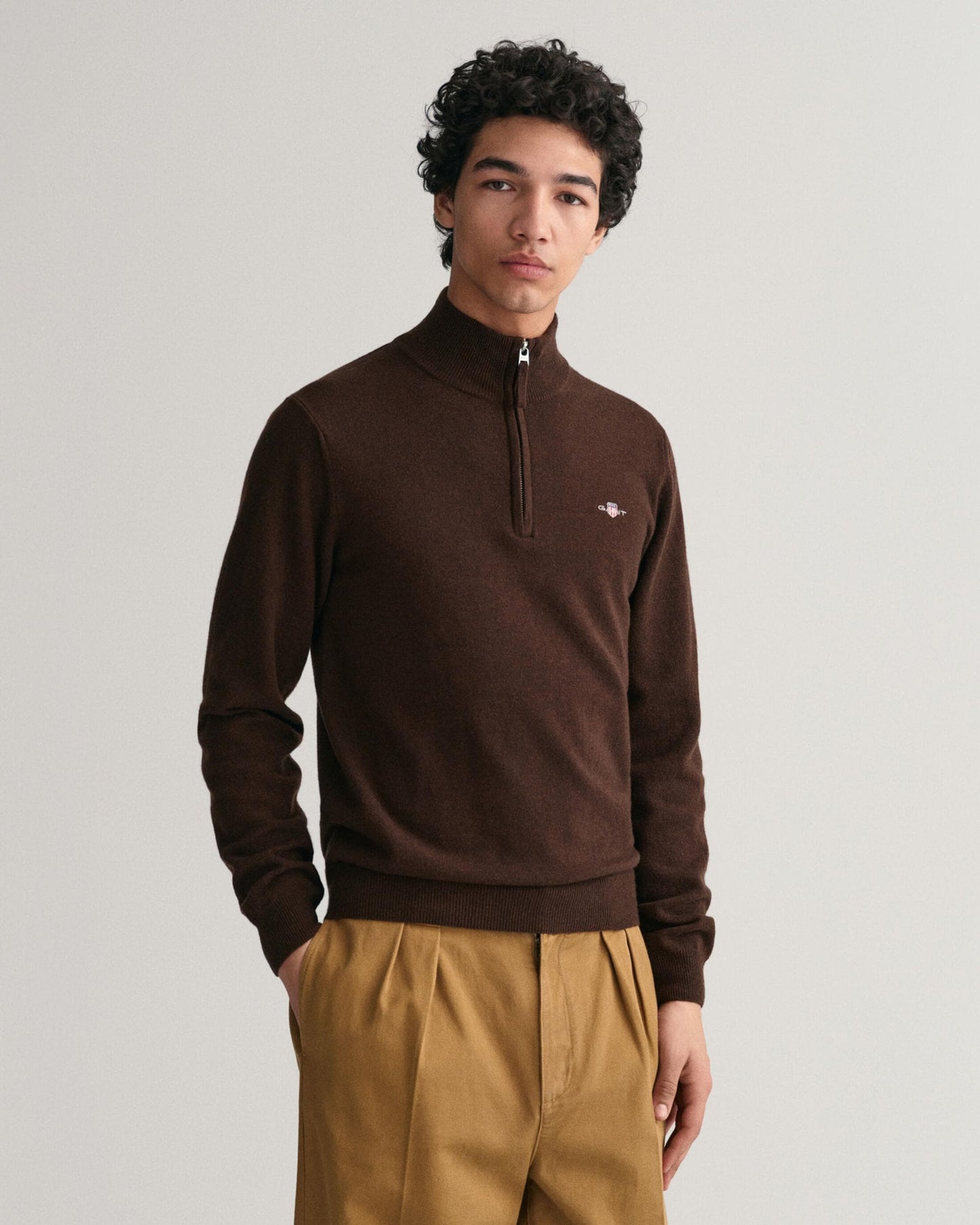 GANT Mens Superfine Lambswool Half Zip Cardigan - 280 Dark Brown Melange
