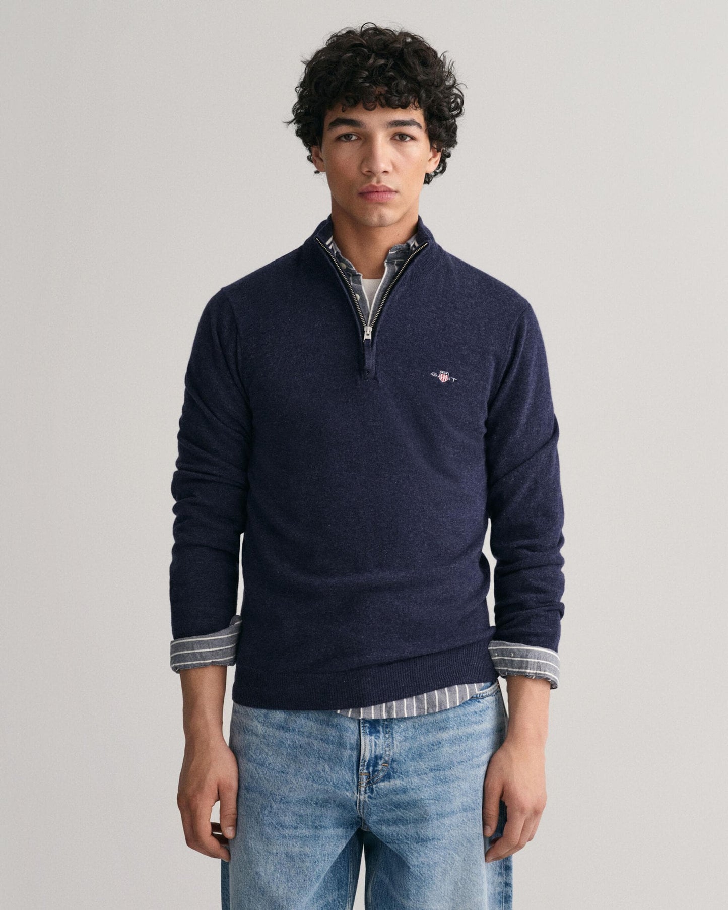 GANT Mens Superfine Lambswool Half Zip Cardigan - 480 Dark Navy Melange