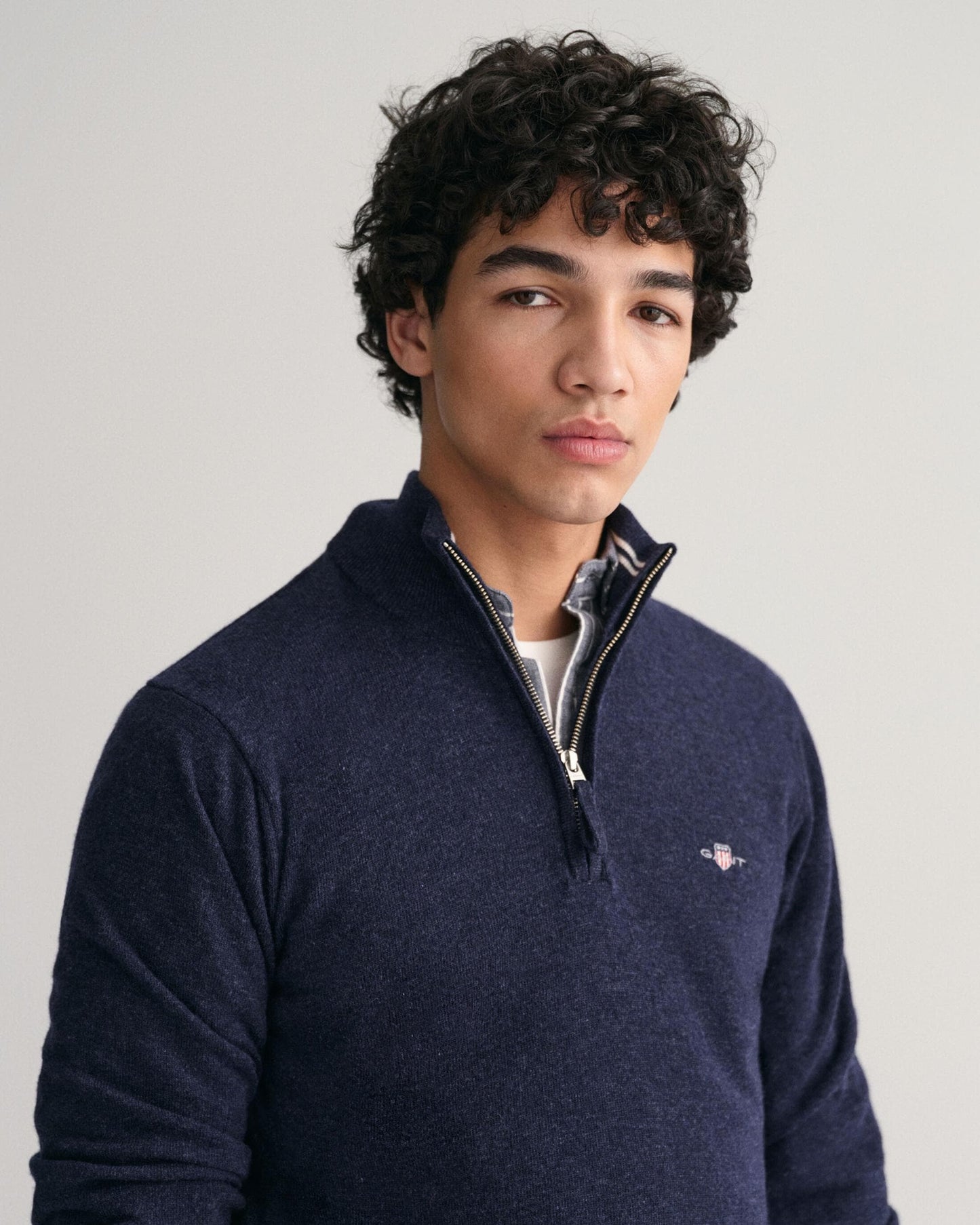 GANT Mens Superfine Lambswool Half Zip Cardigan - 480 Dark Navy Melange