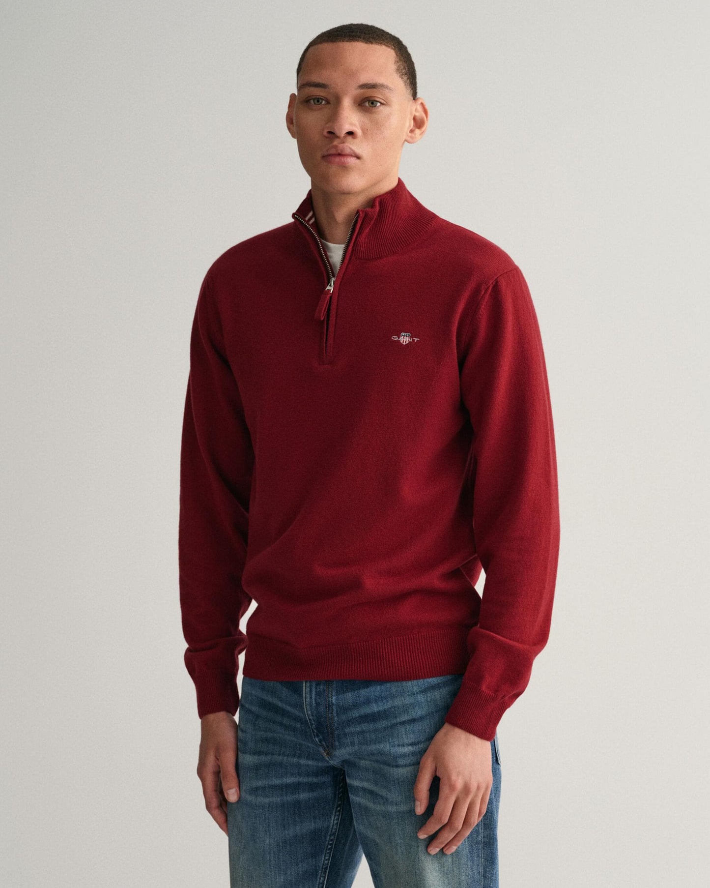 GANT Mens Superfine Lambswool Half Zip Cardigan - 605 Port Red