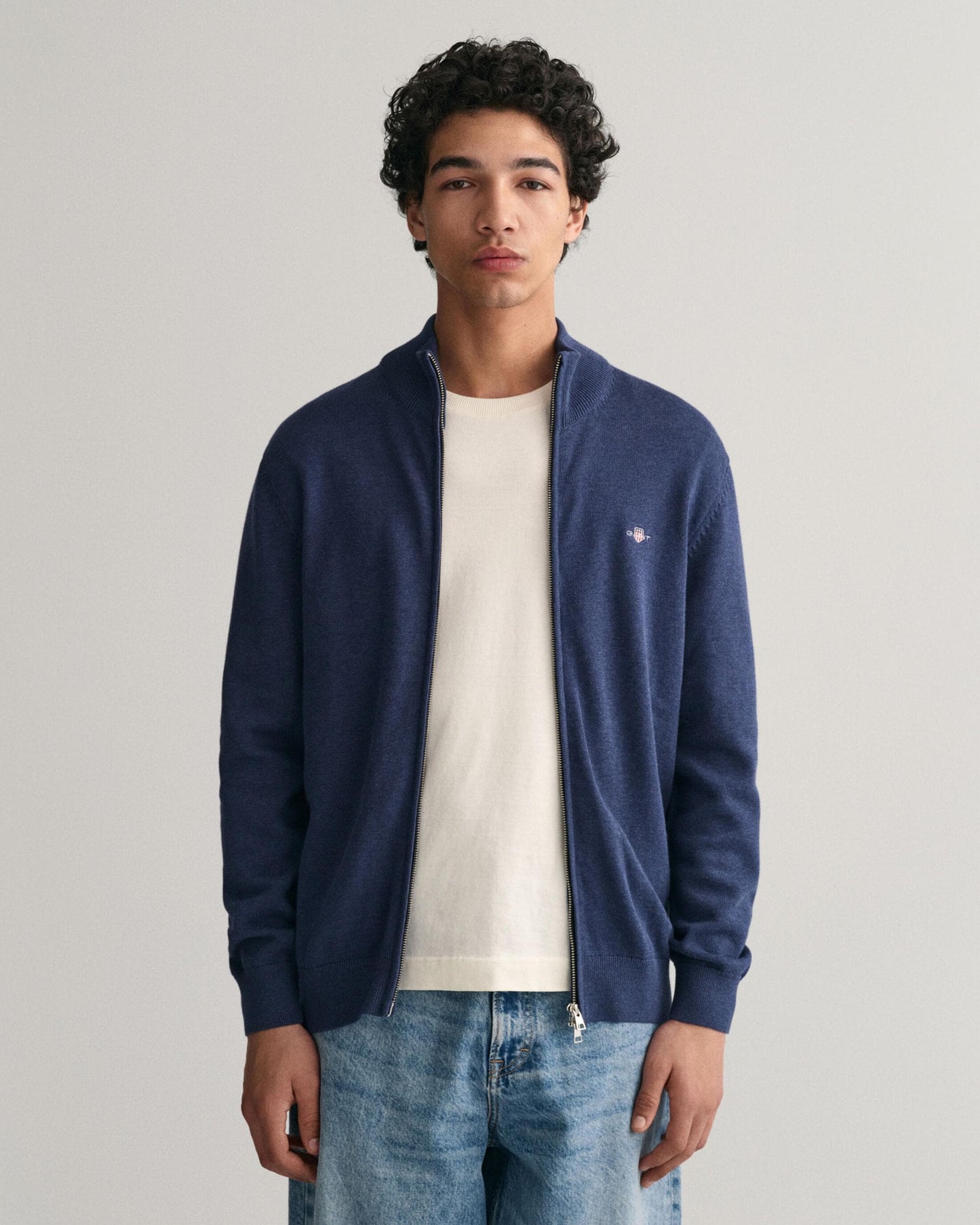 GANT Mens Casual Cotton Zip Cardigan - 487 Marine Melange