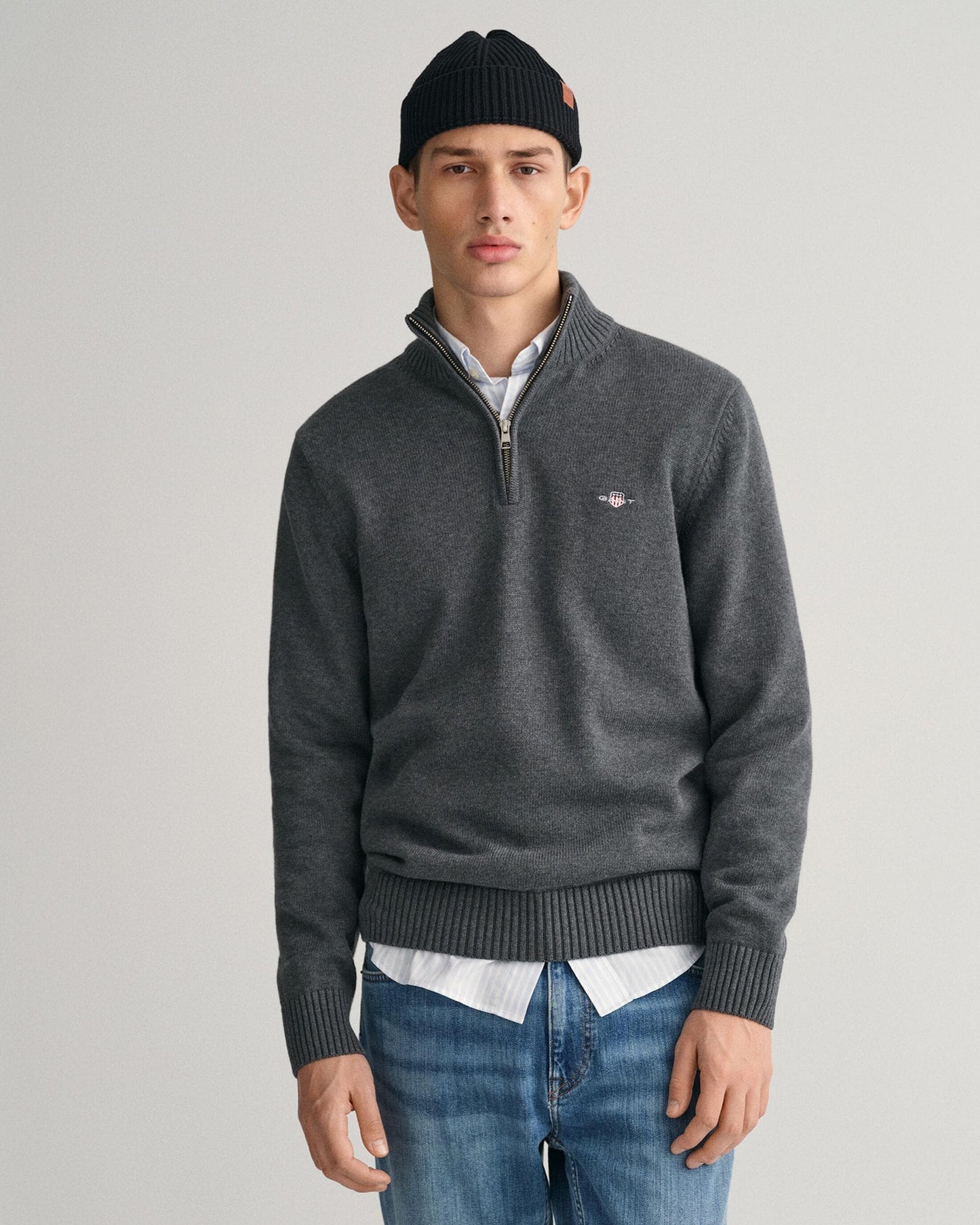 GANT Mens Casual Cotton Half Zip Jumper - 95 Anthracite Melange