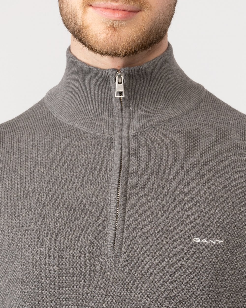 GANT Mens Cotton Pique Half Zip Jumper - 92 Dark Grey Melange