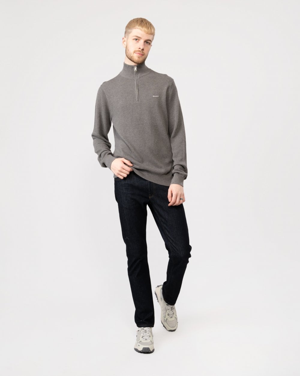 GANT Mens Cotton Pique Half Zip Jumper - 92 Dark Grey Melange