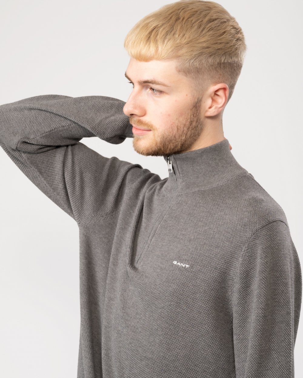 GANT Mens Cotton Pique Half Zip Jumper - 92 Dark Grey Melange