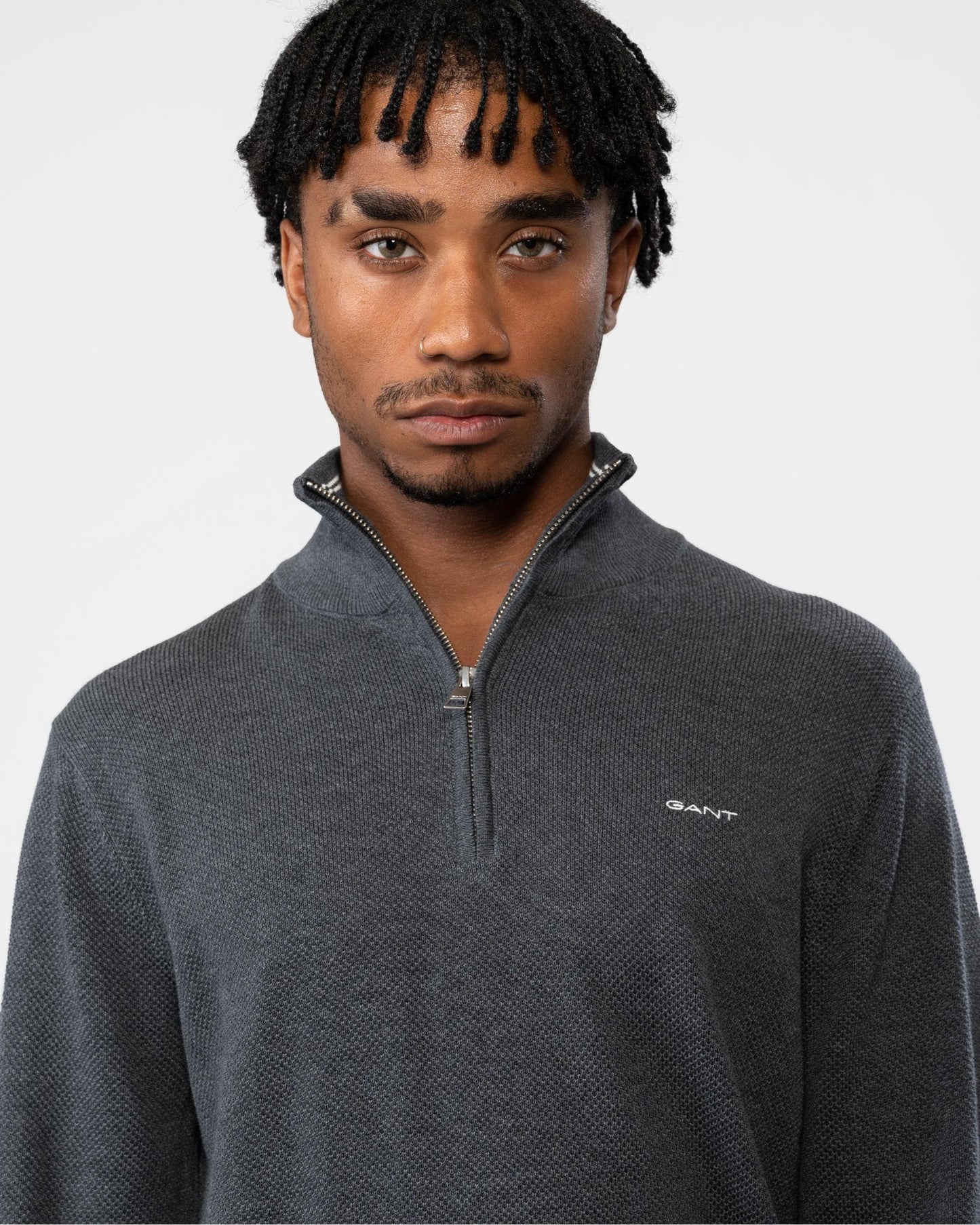 GANT Mens Cotton Pique Half Zip Jumper - 95 Anthracite Melange