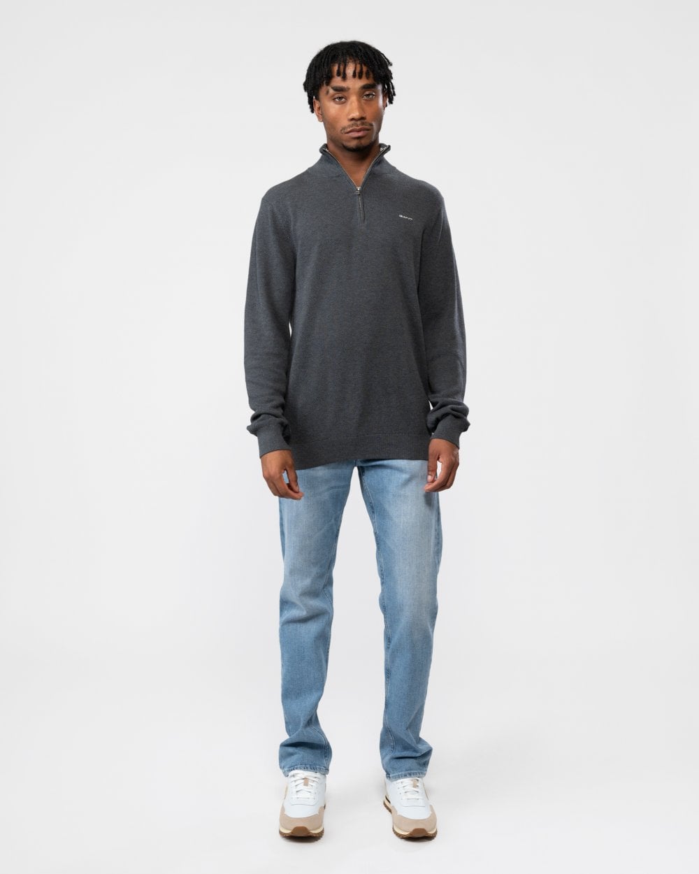 GANT Mens Cotton Pique Half Zip Jumper - 95 Anthracite Melange
