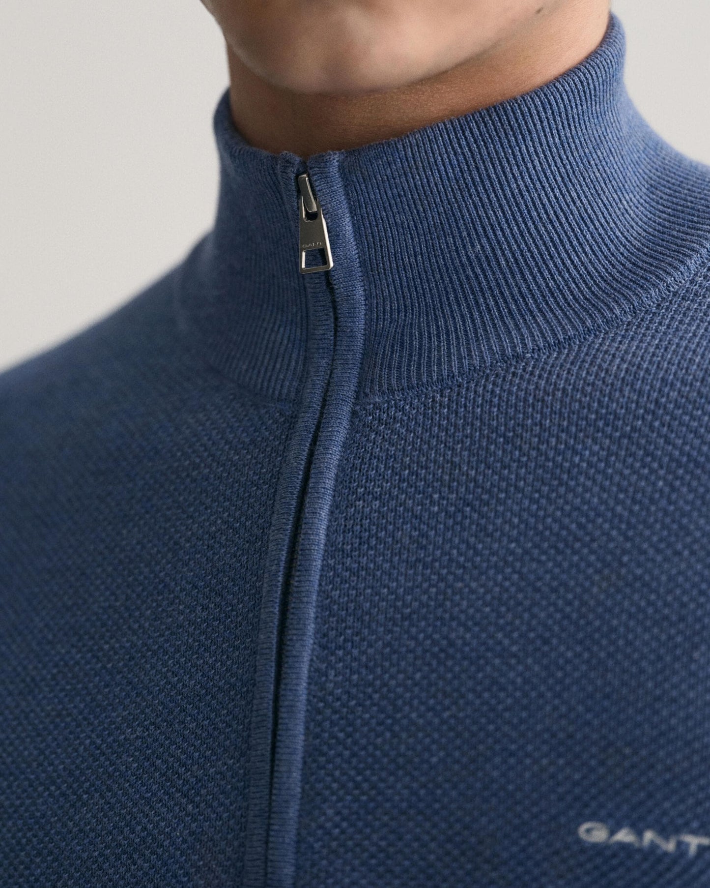 GANT Mens Cotton Pique Half Zip Jumper - 906 Denim Blue Mel