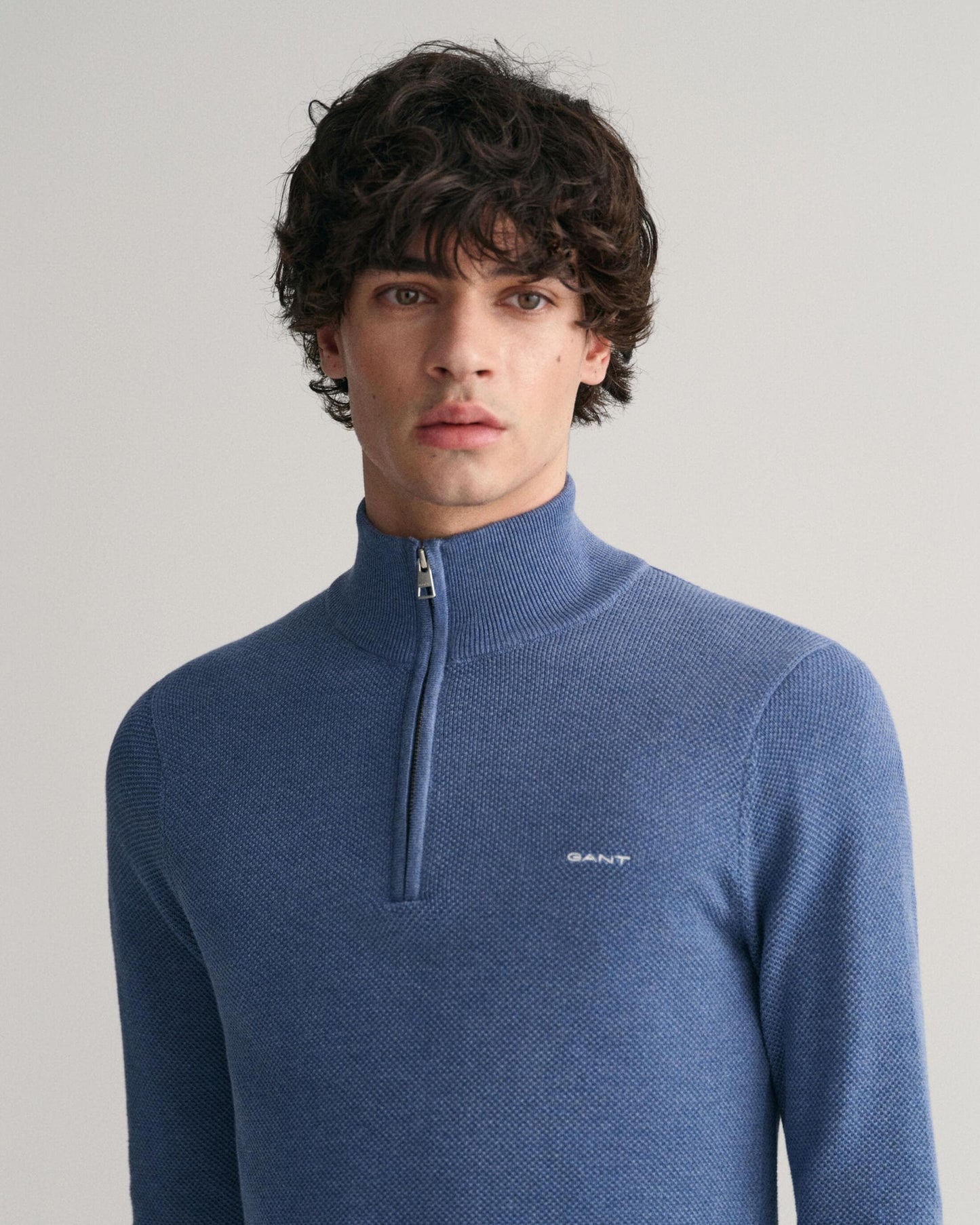 GANT Mens Cotton Pique Half Zip Jumper - 906 Denim Blue Mel
