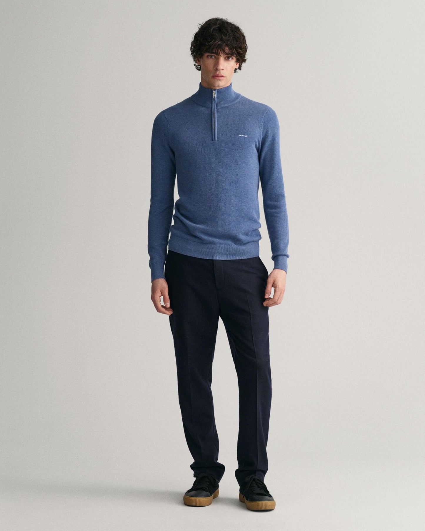 GANT Mens Cotton Pique Half Zip Jumper - 906 Denim Blue Mel