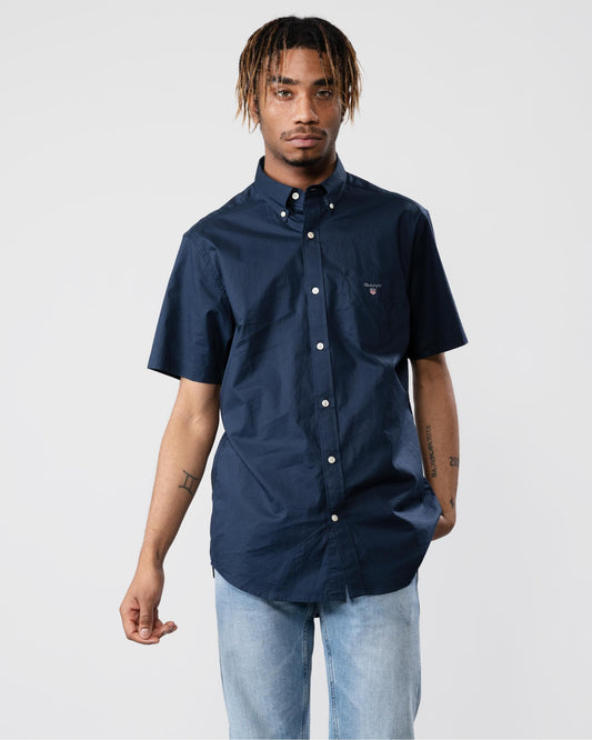 GANT Regular Broadcloth Short Sleeve Button Down Mens Shirt - 410 Marine