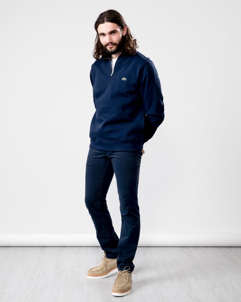 Lacoste Mens Zippered Stand-Up Collar Cotton Sweatshirt - Navy Blue 166