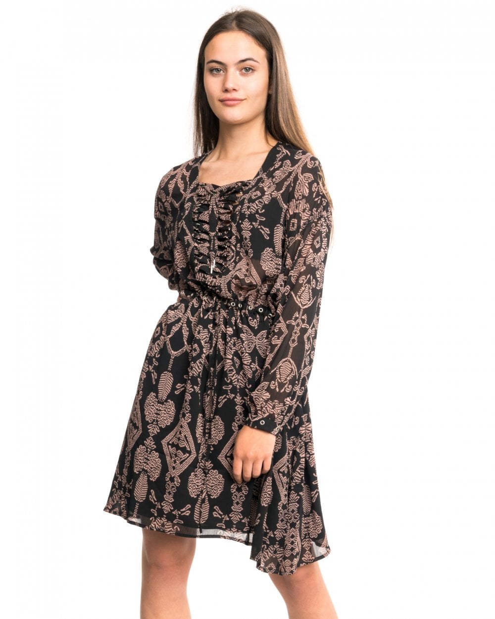 Maison Scotch Printed Sheer Lace Up Oversized Womens Dress