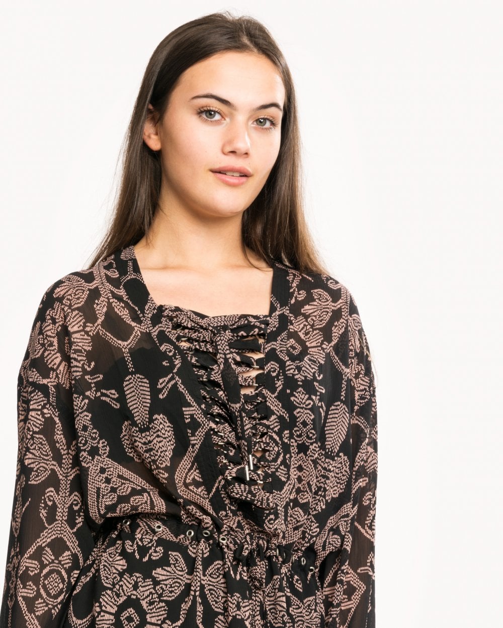 Maison Scotch Printed Sheer Lace Up Oversized Womens Dress