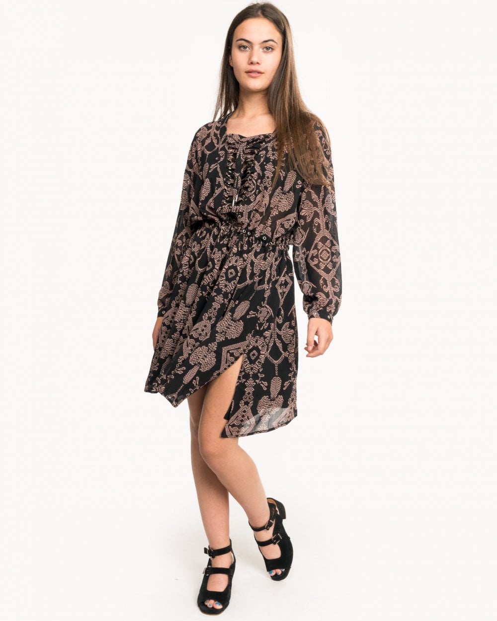 Maison Scotch Printed Sheer Lace Up Oversized Womens Dress
