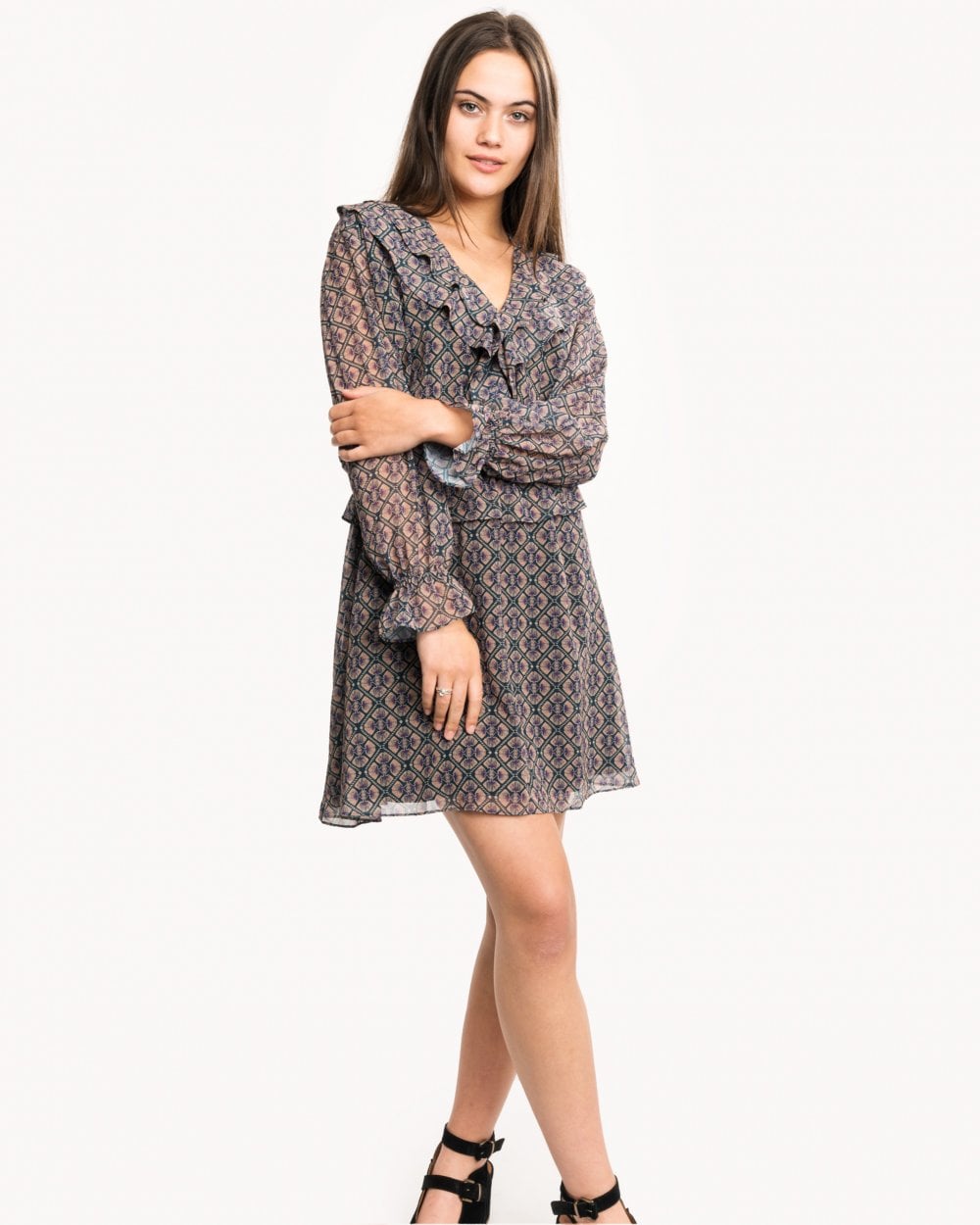 Maison Scotch Long Sleeve Ruffle Detailed Womens Dress