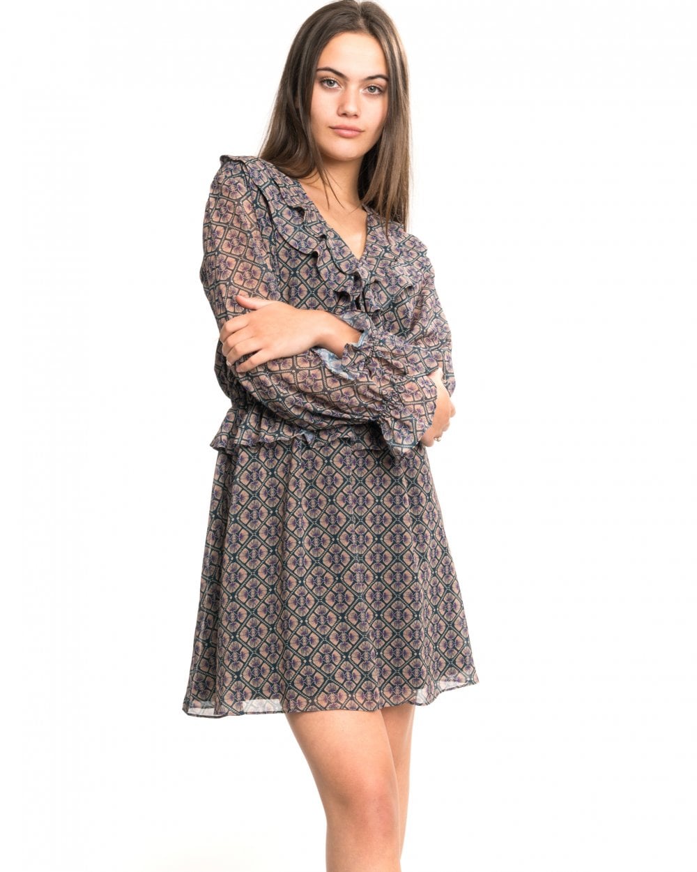 Maison Scotch Long Sleeve Ruffle Detailed Womens Dress