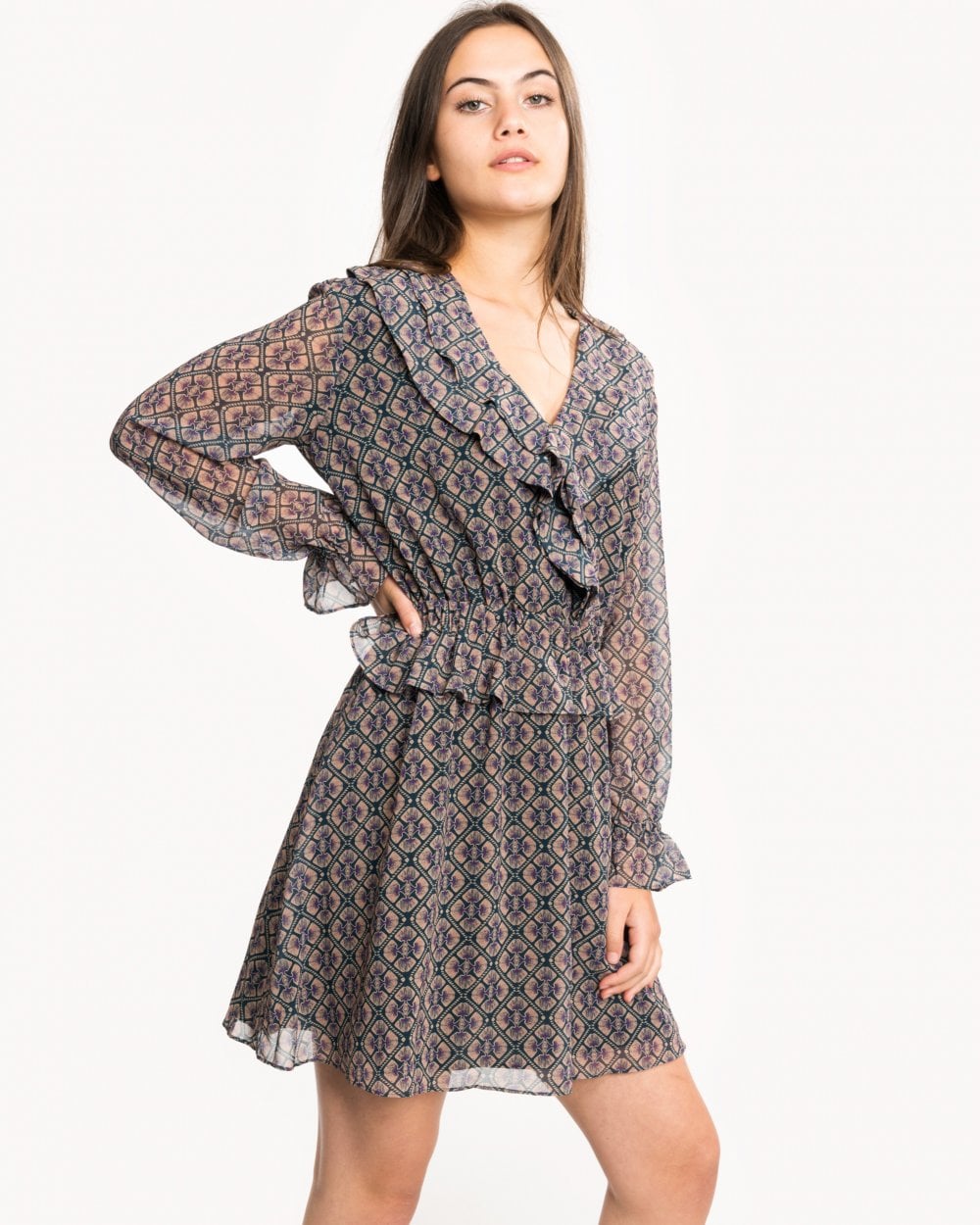 Maison Scotch Long Sleeve Ruffle Detailed Womens Dress