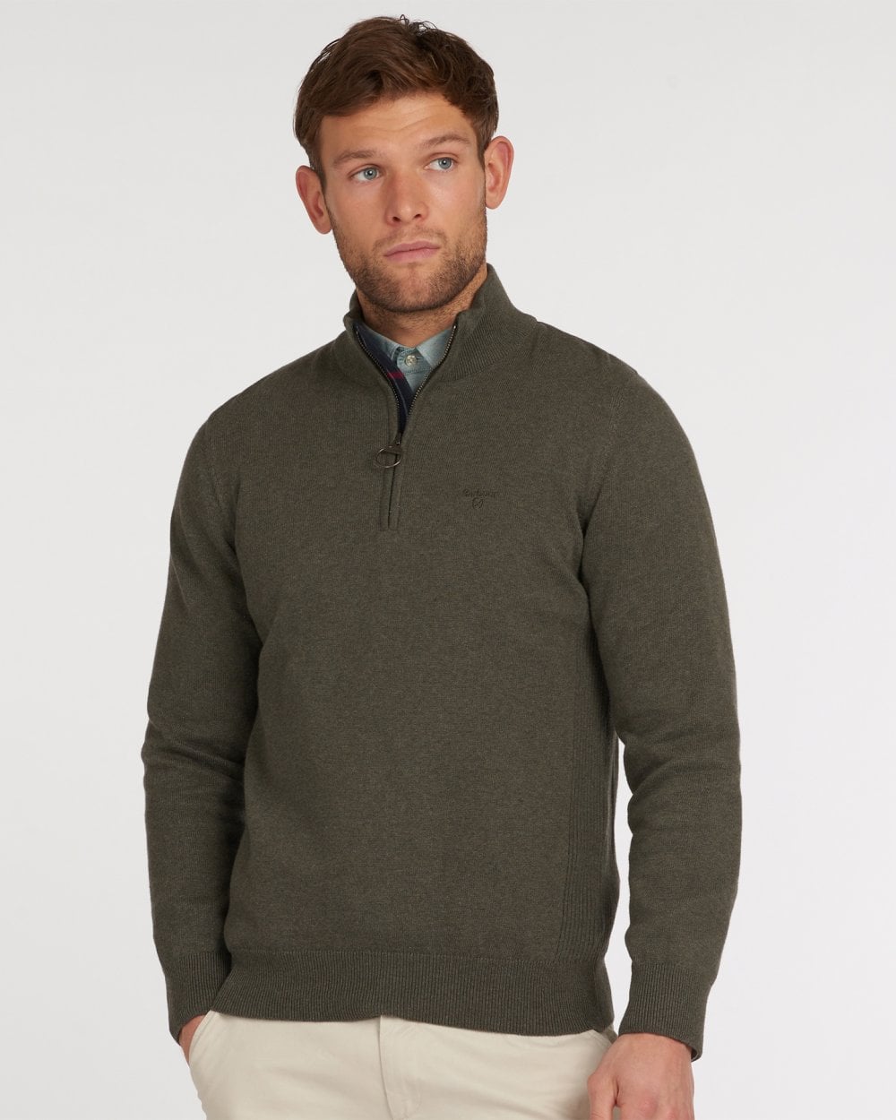 Barbour Cotton Mens Half Zip Jumper - Olive Marl